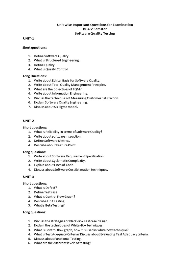 BCA V Semester Software Quality Testing Guide | PDF | Software Quality ...
