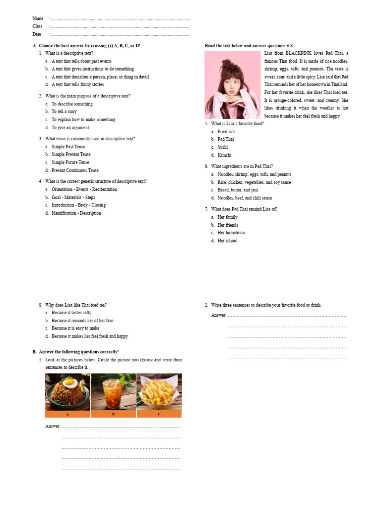 SOAL DESCRIPTIVE TEXT - KELAS 7A 7B 7C | PDF | Thai Cuisine | Foods