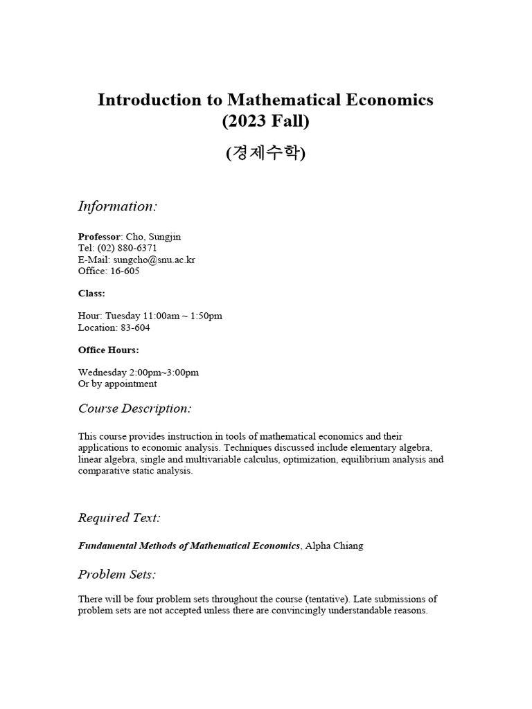 Mathematical Economics Course Overview | PDF