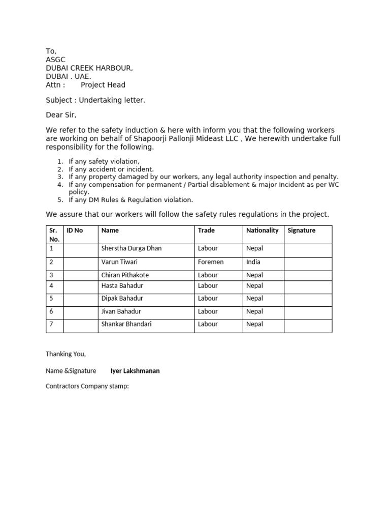 Safety Undertaking Letter for Workers | PDF