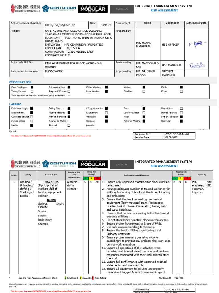Risk Assessment for Block Work Safety | PDF | Risk | Risk Assessment