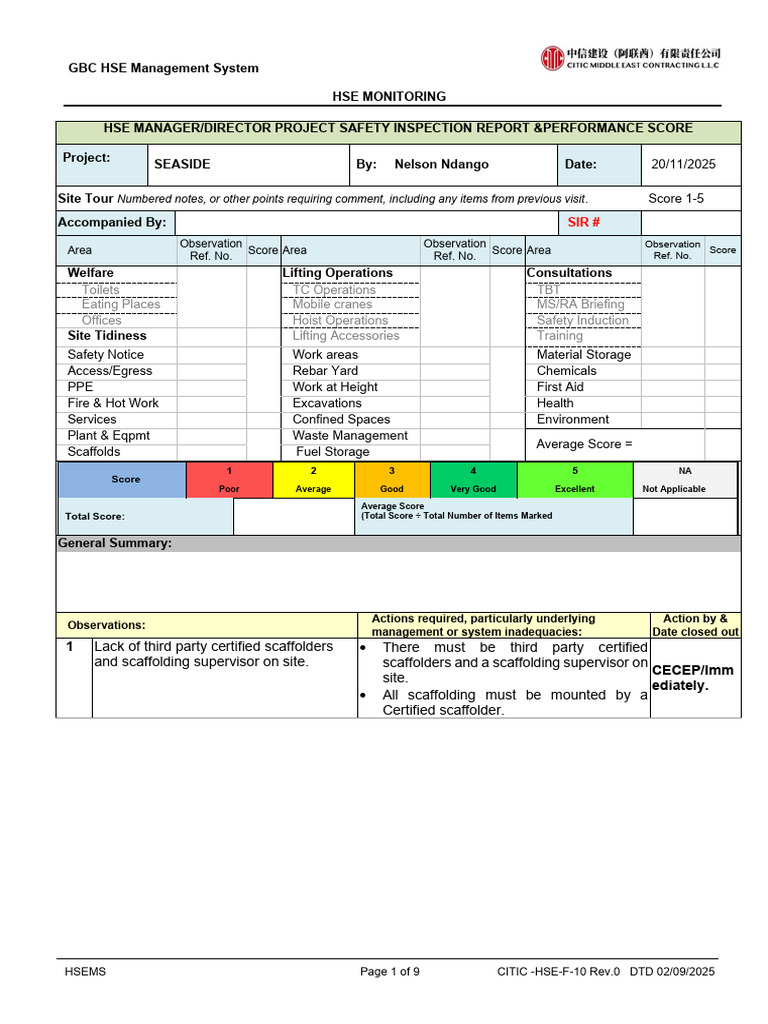HSE Project Safety Inspection Report | PDF | Safety