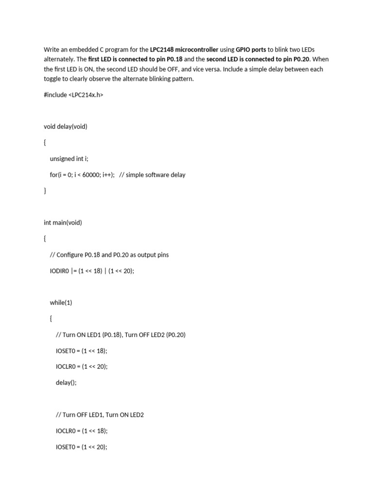 LPC2148 LED Control with GPIO C Code | PDF