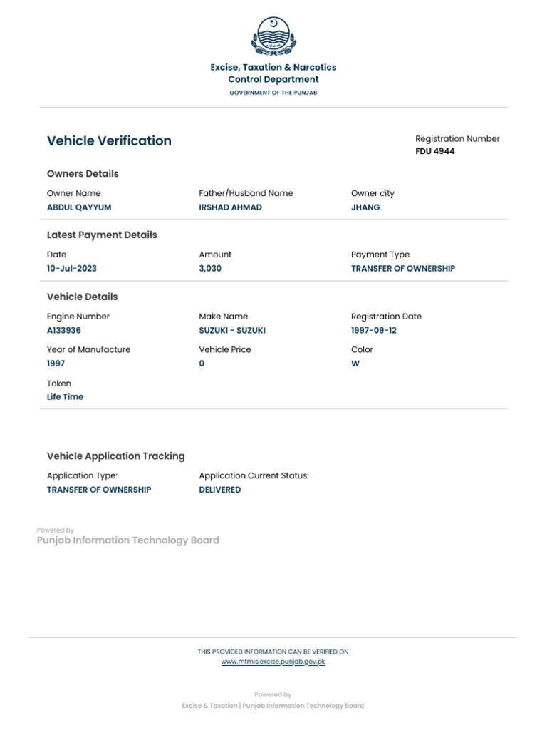 Vehicle Ownership Transfer Details | PDF