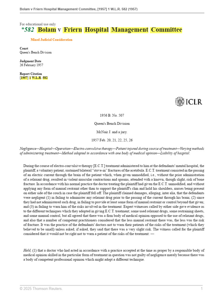 Bolam v Friern Hospital: ECT Negligence Case | PDF | Electroconvulsive ...