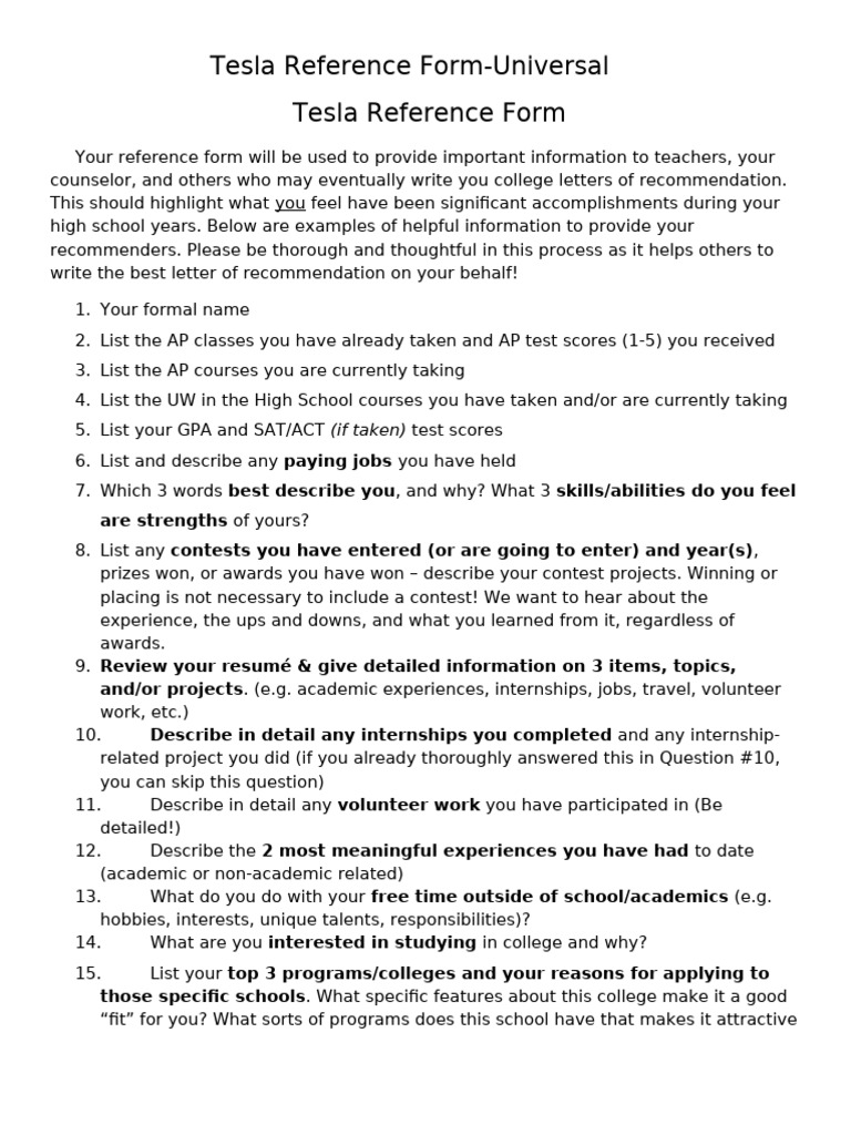 Tesla College Reference Form Guide | PDF