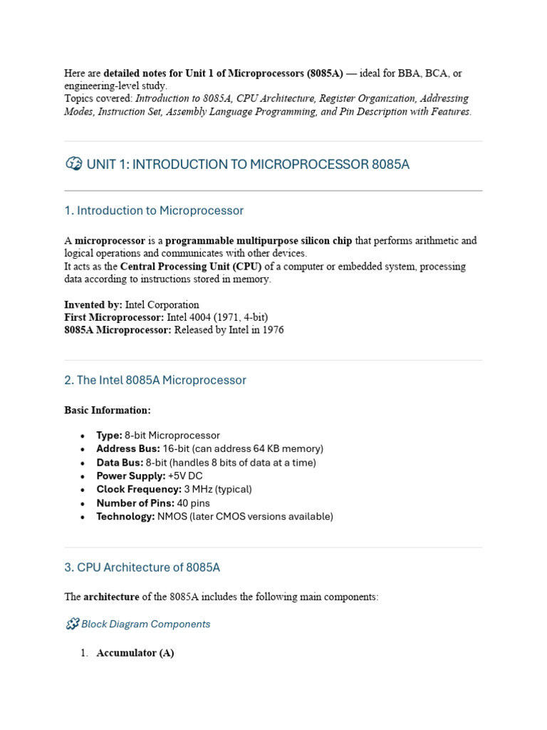 8085A Microprocessor Unit 1 Notes | PDF | Central Processing Unit ...
