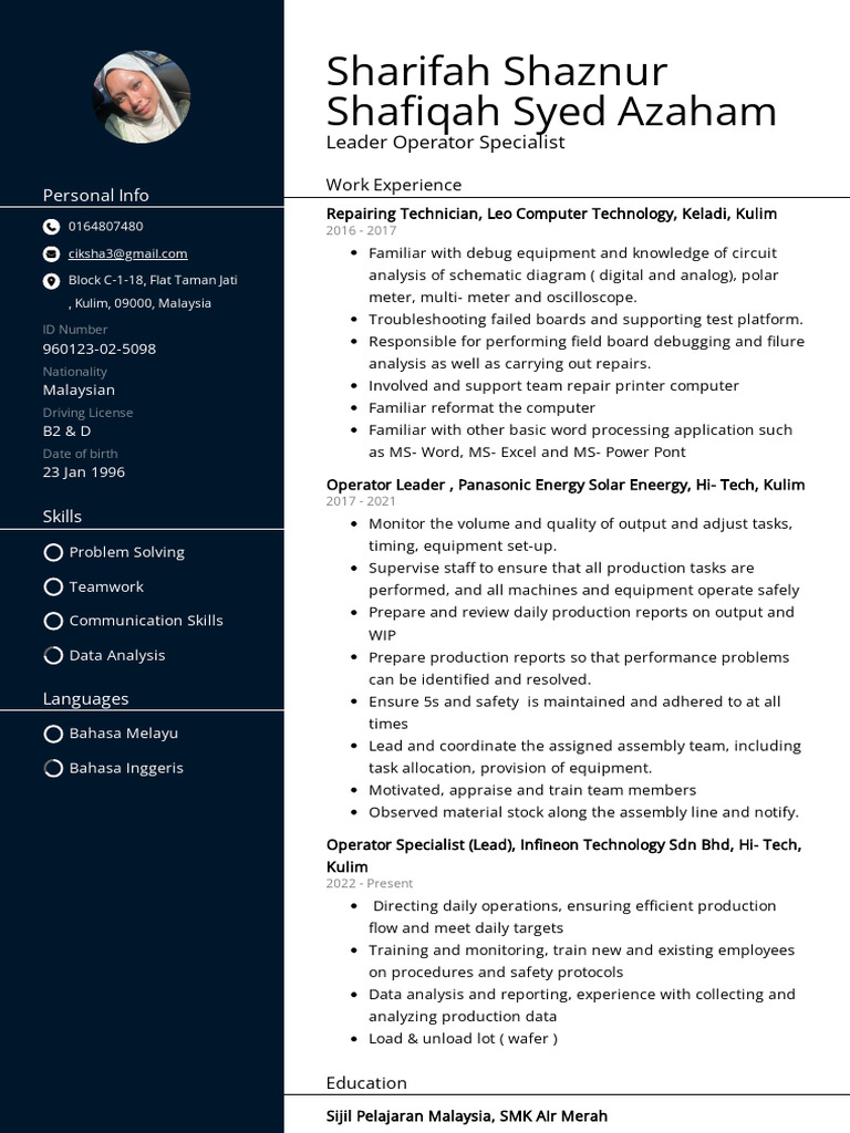 CV - Sharifah Shaznur Shafiqah Syed Azaham (1) | PDF | Computing