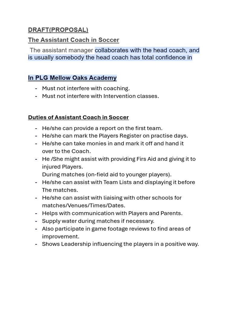 Role and Skills of Soccer Assistant Coach | PDF