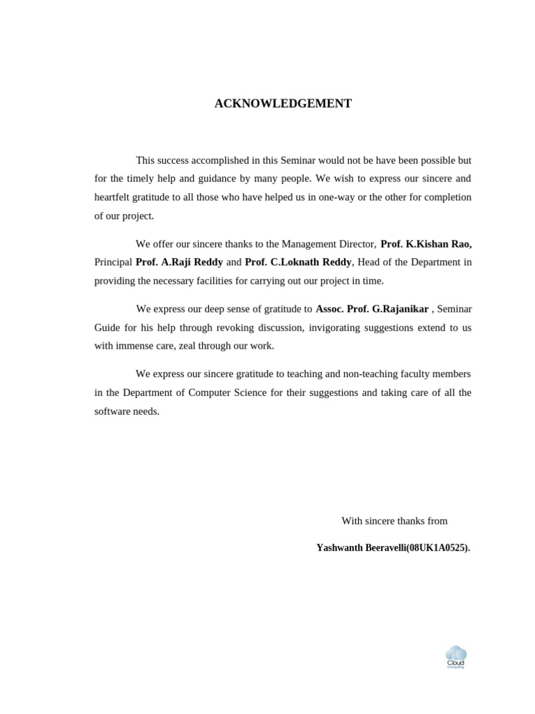 Acknowledgment for Cloud Computing Seminar | PDF | Cloud Computing ...
