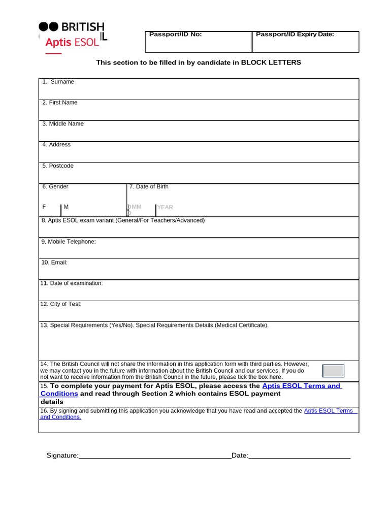 Aptis ESOL Exam Application Form | PDF