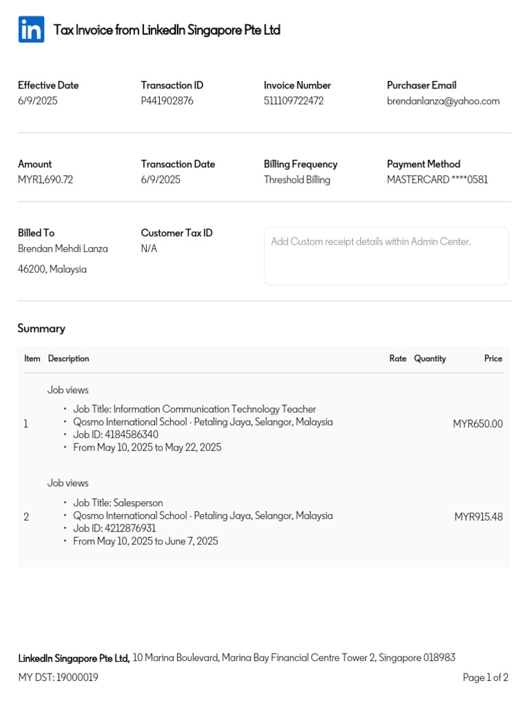 LinkedIn Tax Invoice for Job Views | PDF | Invoice | Receipt
