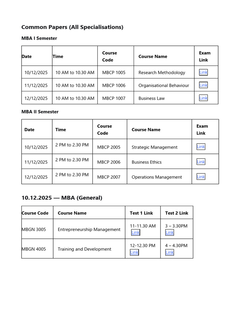 MBA Exam Schedule and Links 2025 | PDF | Master Of Business ...