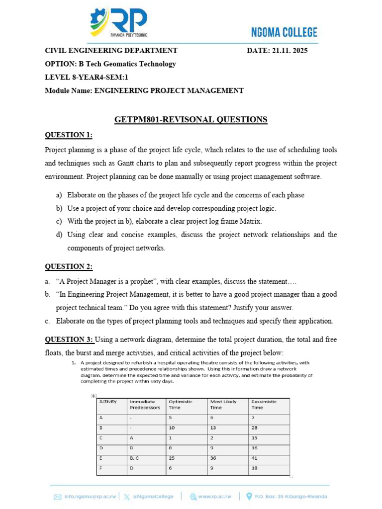 Engineering Project Management Questions | PDF