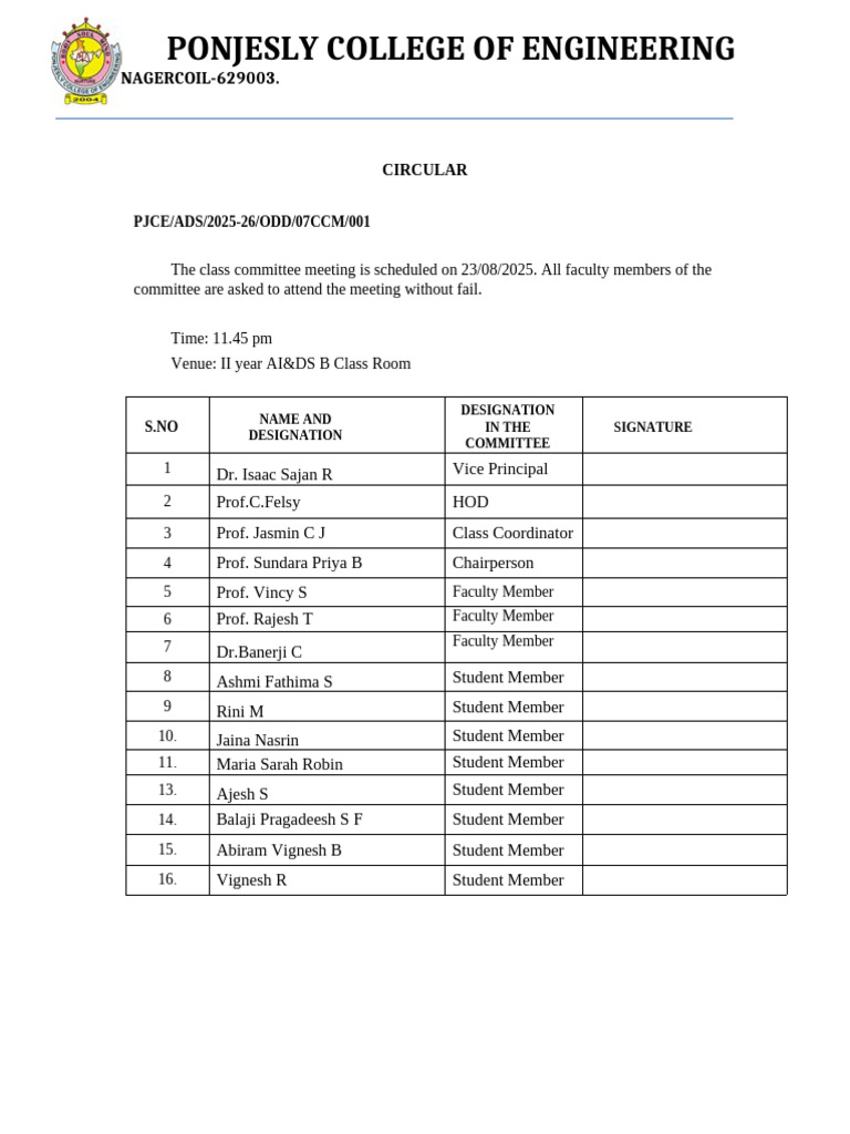AI & DS Class Committee Meetings 2025 | PDF