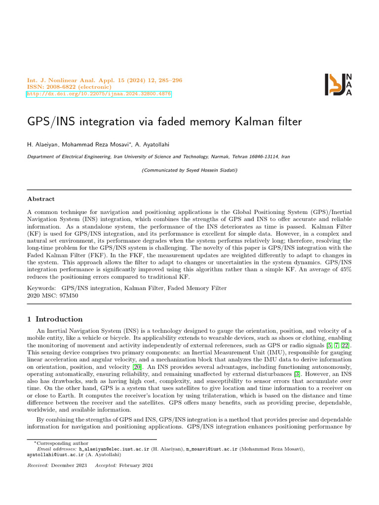 GPSINS Integration Via Faded Memory Kalman Filter | PDF | Inertial ...