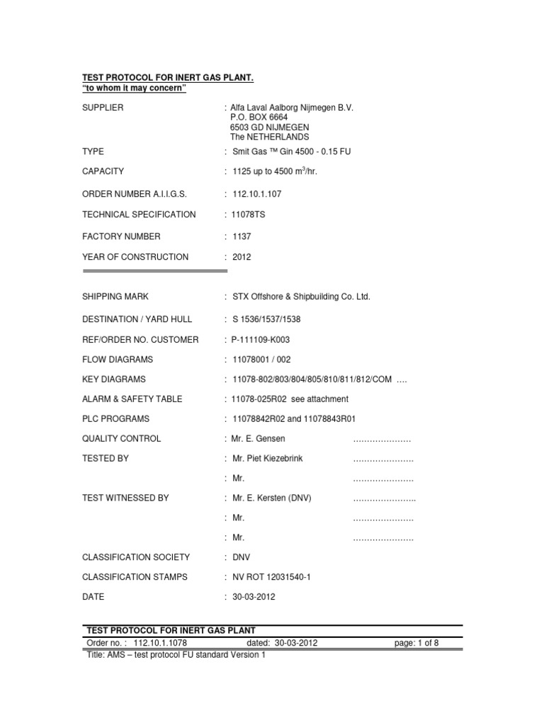 Inert Gas Plant Test Protocol 2012 | PDF | Gases