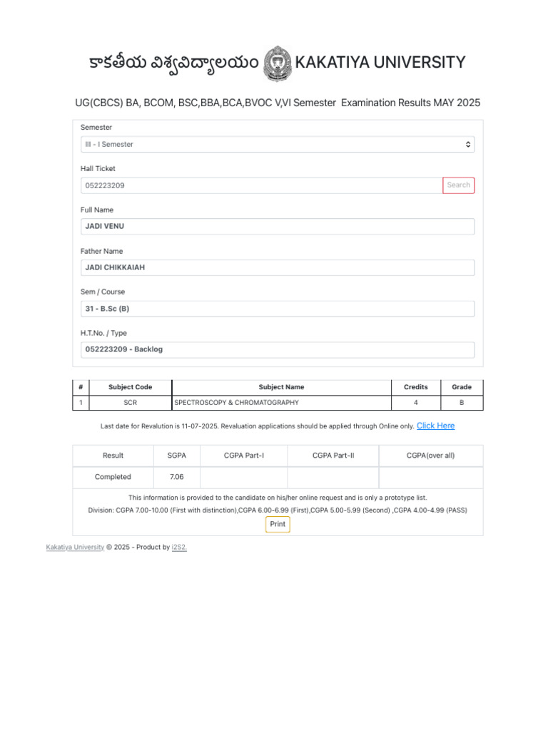 Kakatiya University BA BSc BCom Results 2025 | PDF