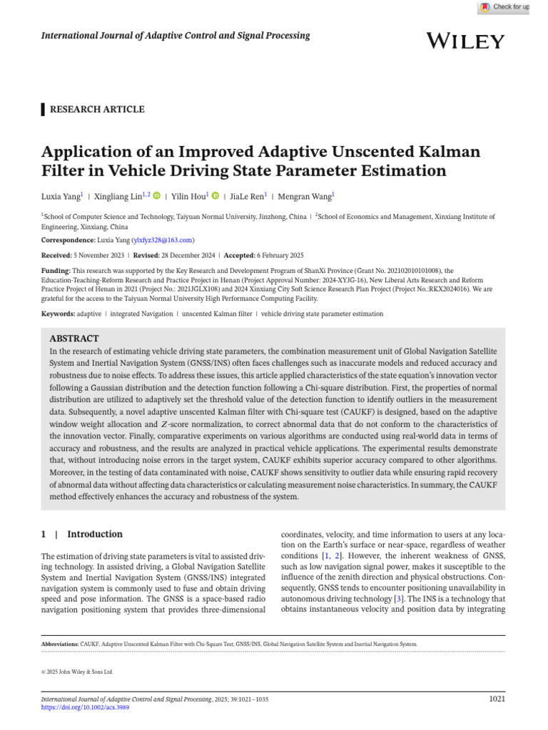 Adaptive Unscented Kalman Filter for Vehicle State Estimation | PDF ...