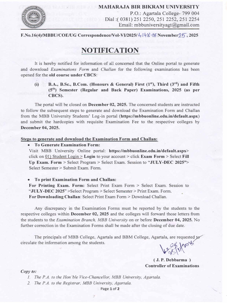 MBB University Exam Form Notification 2025 | PDF | Chess Theory | Chess