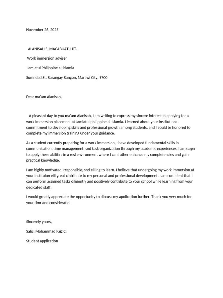 Work Immersion Application Letter | PDF