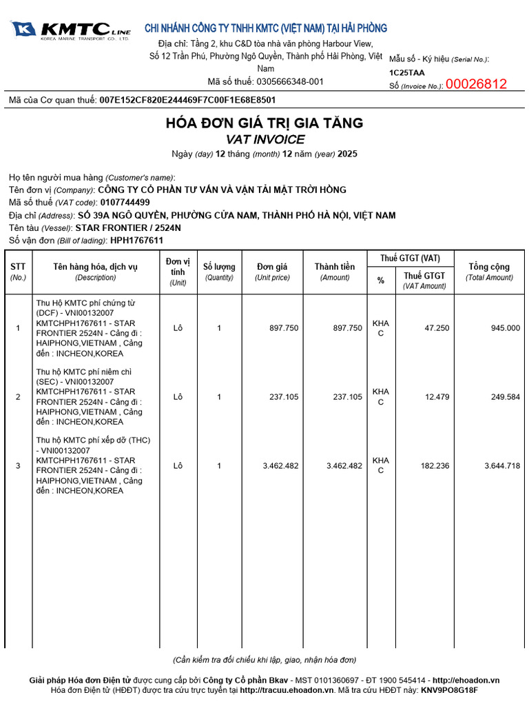 KMTC - HĐ 26812 - KMTCHPH1767611 | PDF