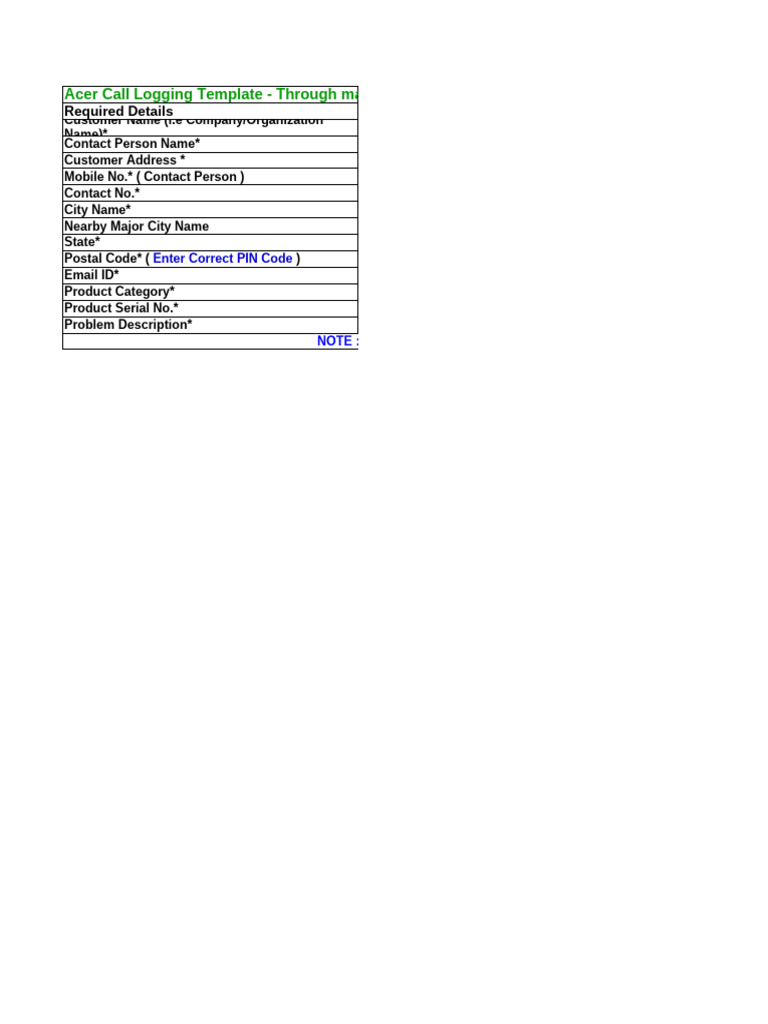Acer Call Logging Template Instructions | PDF