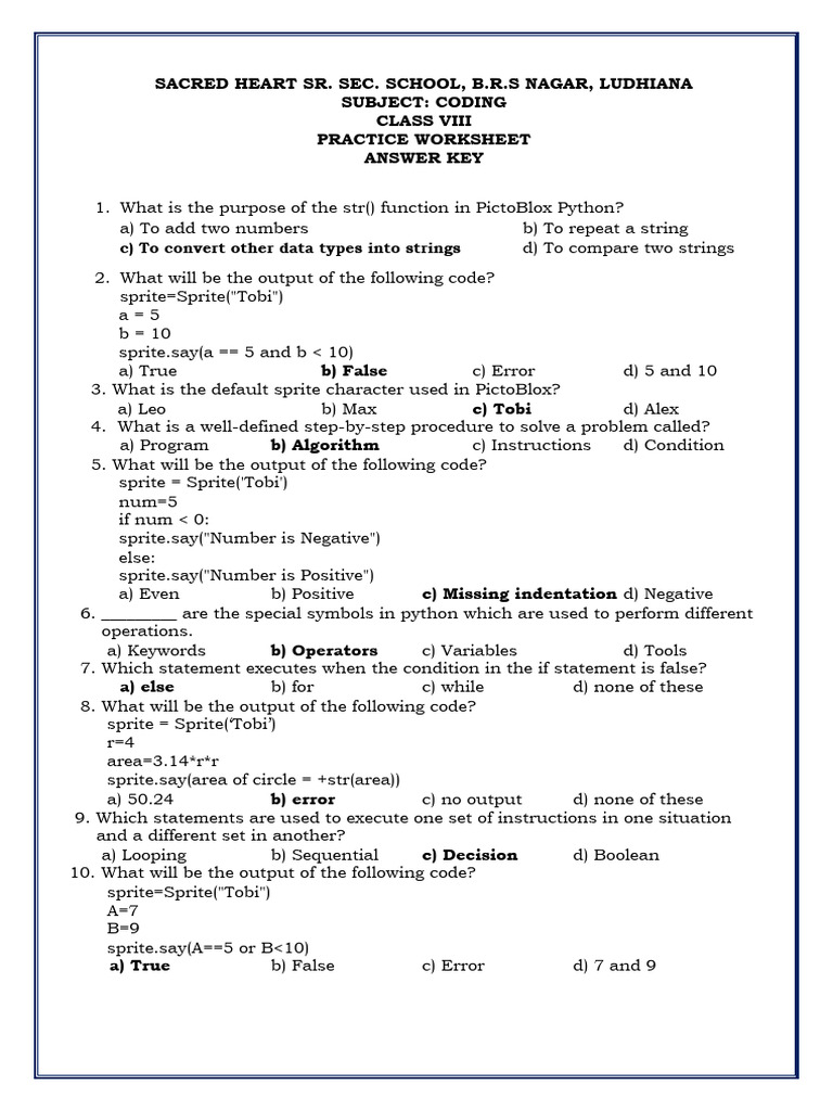 Class Viii Coding Practice Worksheet Answers | PDF