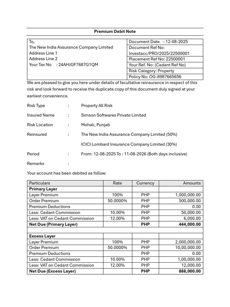 Premium Debit Note Non-Proportional Facultative | PDF | Insurance ...