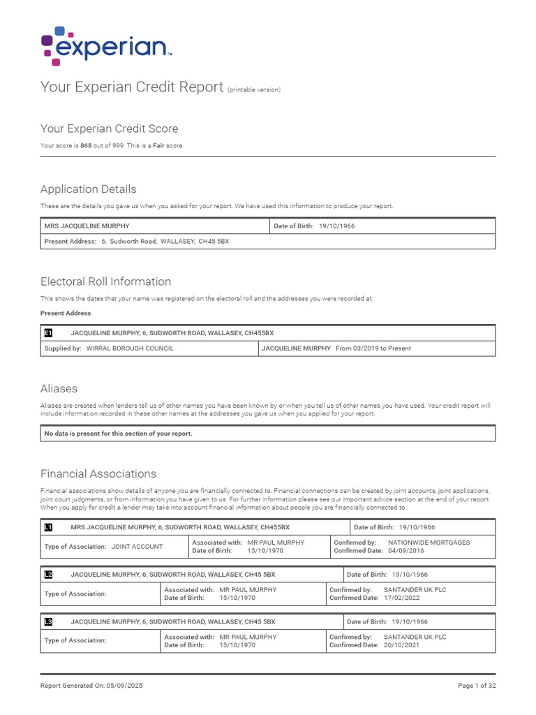 Experian Credit Report Summary for Jacqueline Murphy | PDF | Business ...