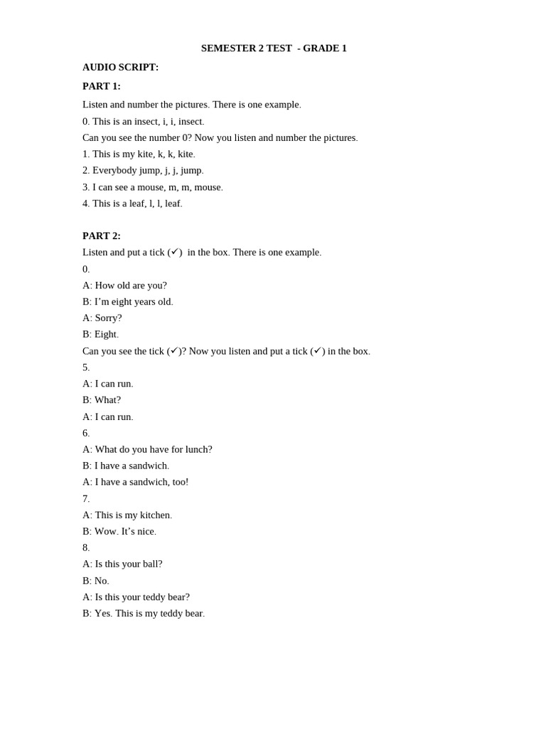 Grade 1 Semester 2 Test Audio Script | PDF