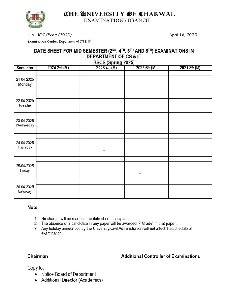 BSCS Spring 2025-MID-Semester Datesheet | PDF | Computer Science ...