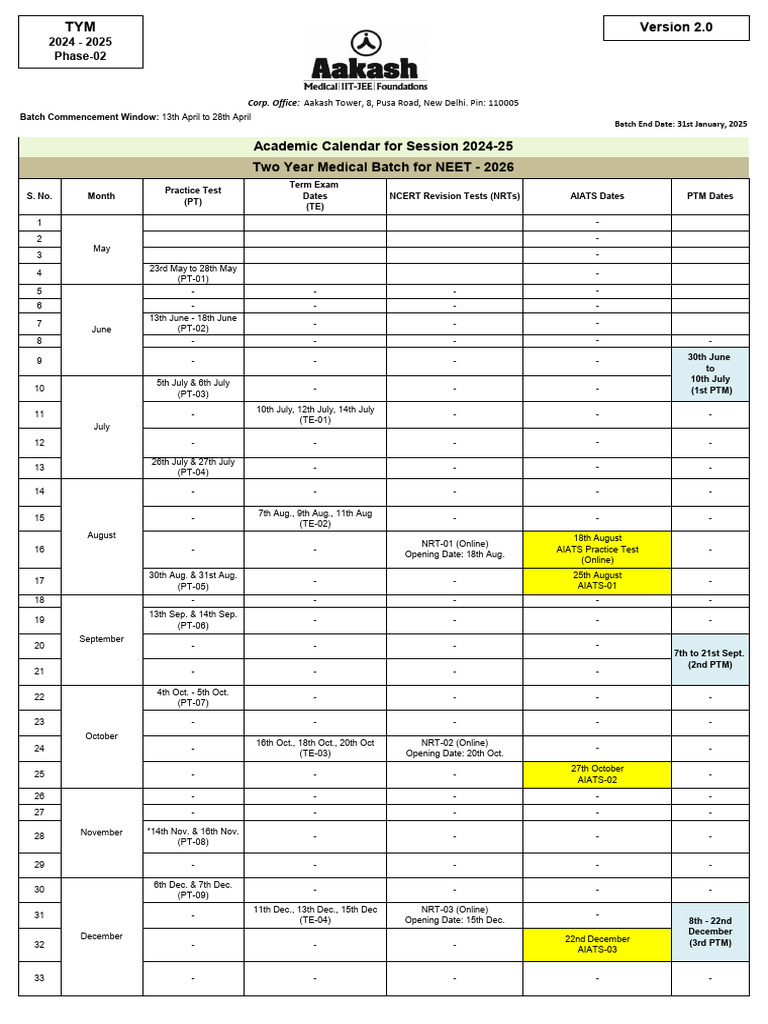 Academic Calendar TYM Phase-02 2024-25 Version 2.0 | PDF | Workweek And ...