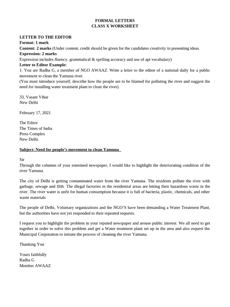 Class X Formal Letter Writing Guide | PDF
