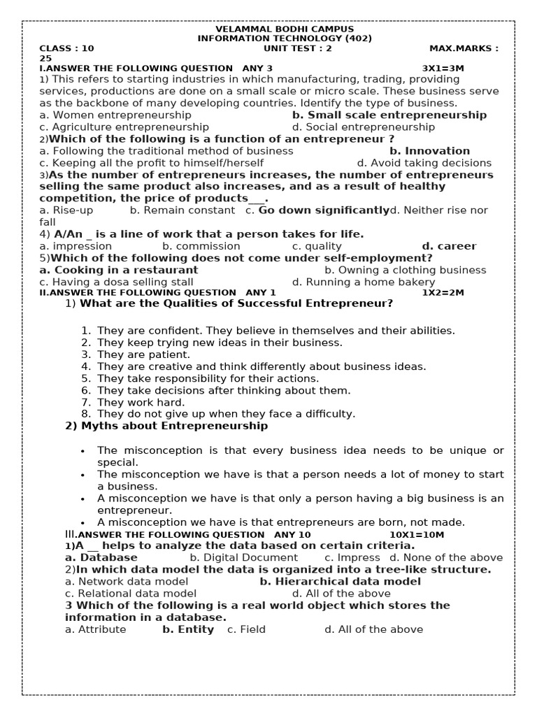 Class 10 IT Unit Test Questions | PDF | Data Type | Relational Database