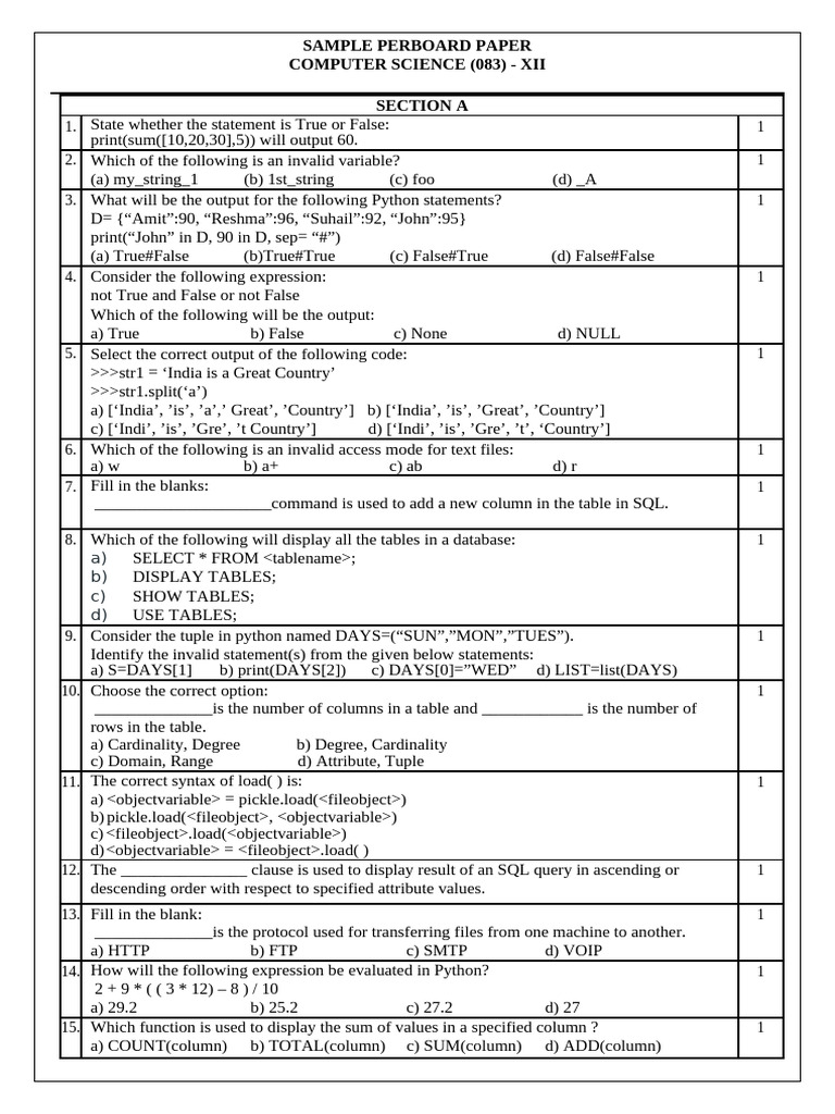 Computer Science XII Sample Paper | PDF | Table (Database) | Computer ...