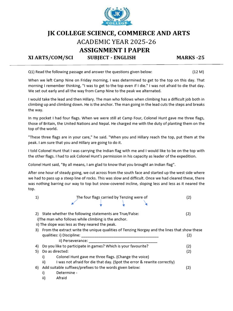 English Assignment for XI Arts/Com/Sci | PDF