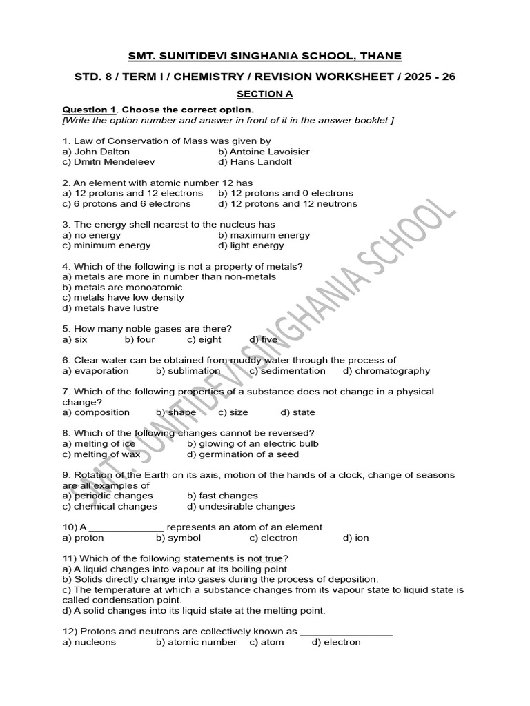 Std 8 Chemistry Revision Worksheet 2025-26 | PDF | Oxide | Atoms