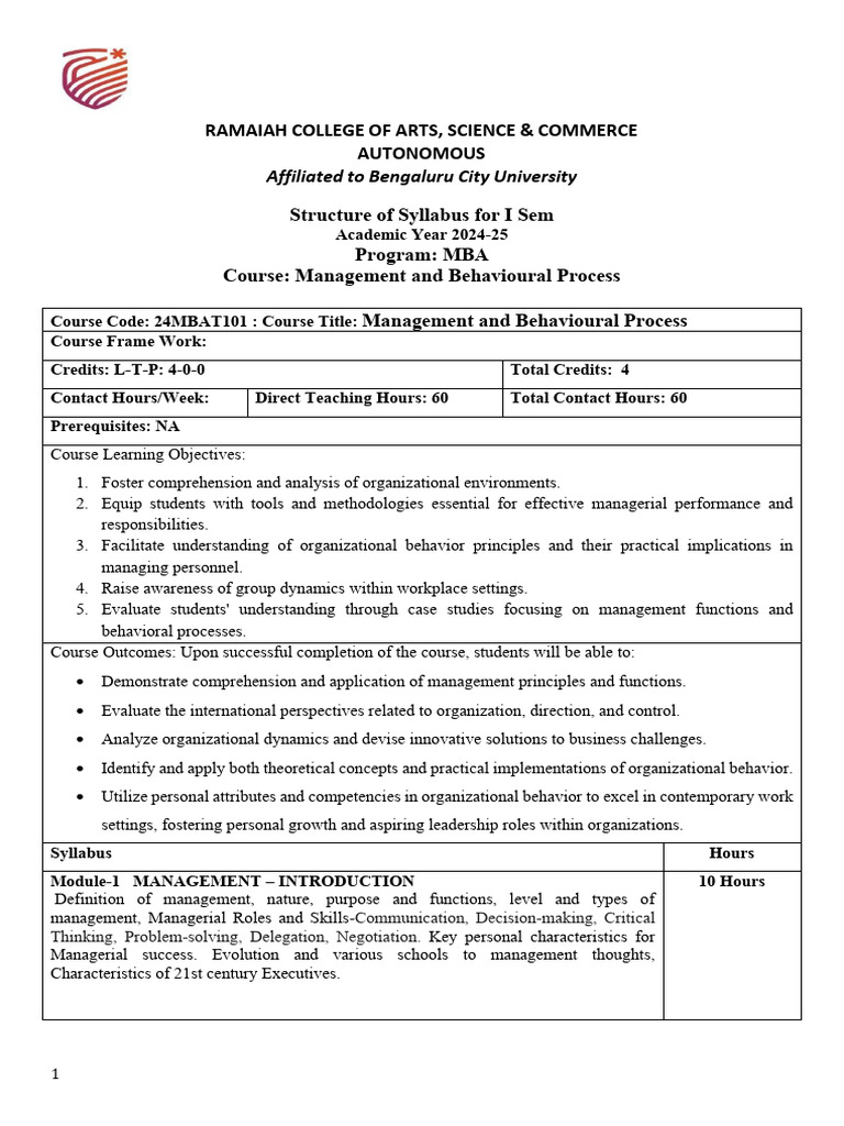 MBA Management and Behavioral Process Syllabus | PDF | Marketing ...