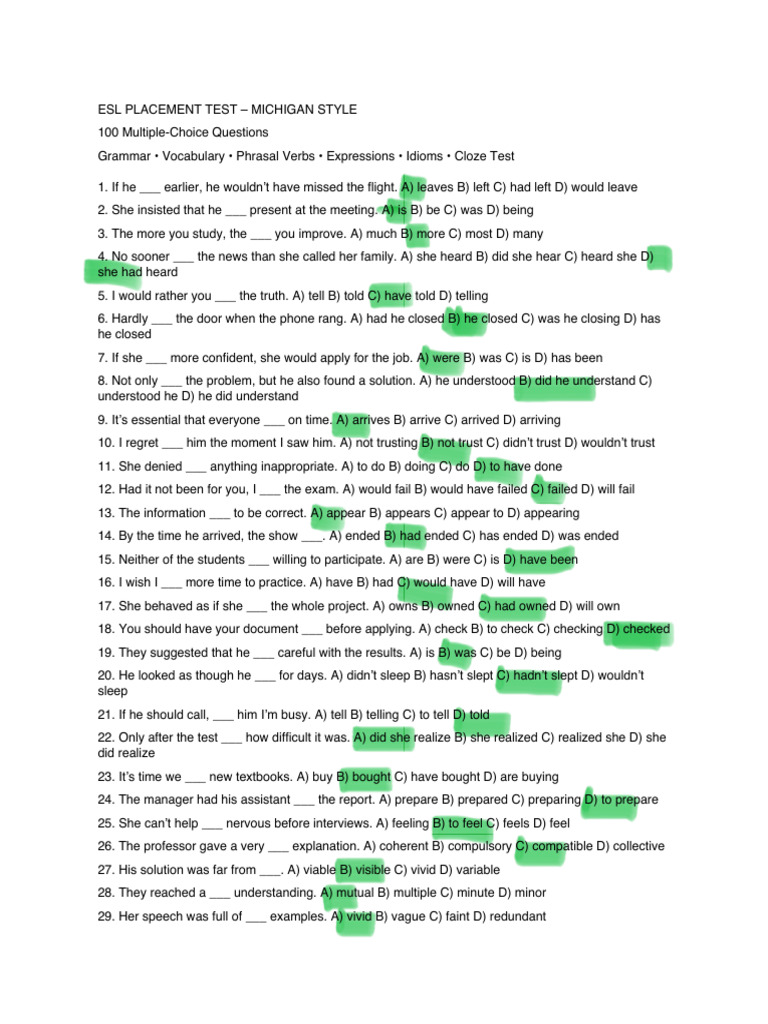 Michigan ESL Placement Test Questions | PDF