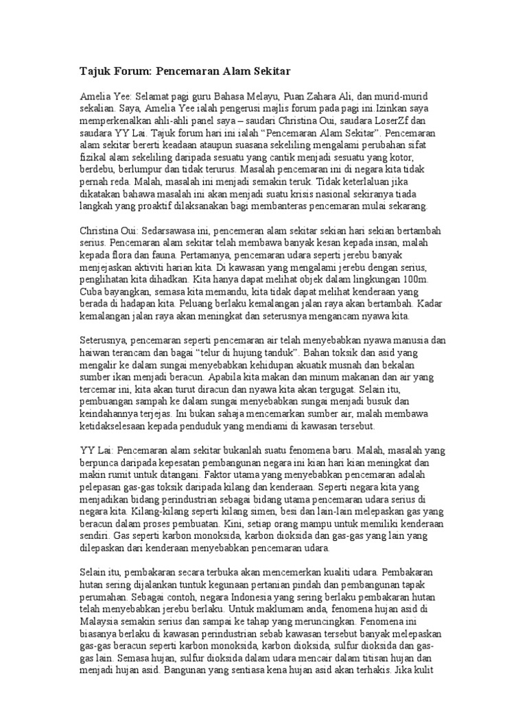 Tajuk Forum: Pencemaran Alam Sekitar