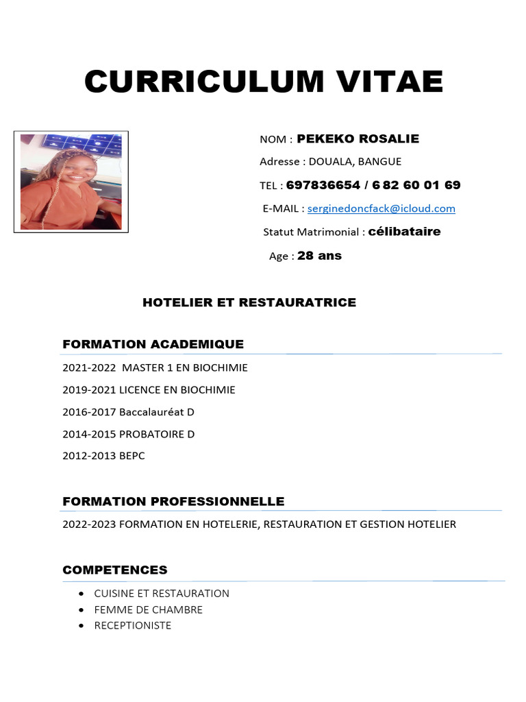 CV de Rosalie Pekeko : Hôtellerie et Restauration | PDF