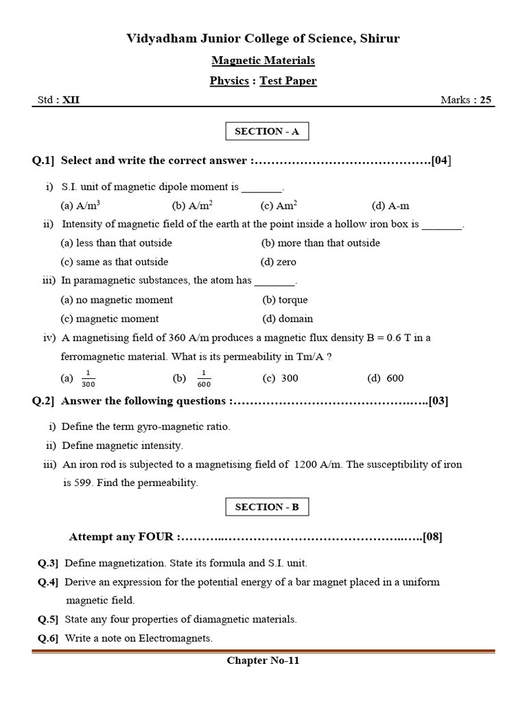 Magnetic Materials Test Paper for XII | PDF | Magnetism | Magnetic Field