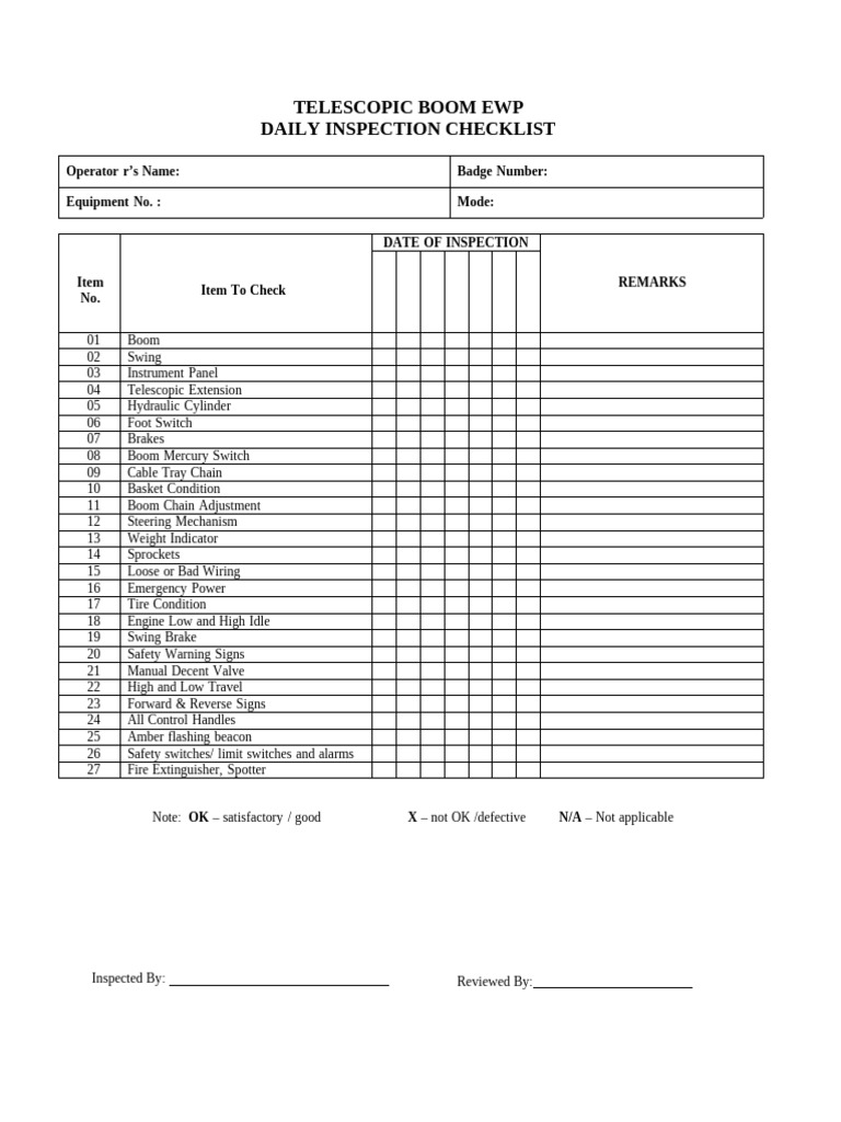 Daily Inspection Checklist for Telescopic Boom EWP | PDF