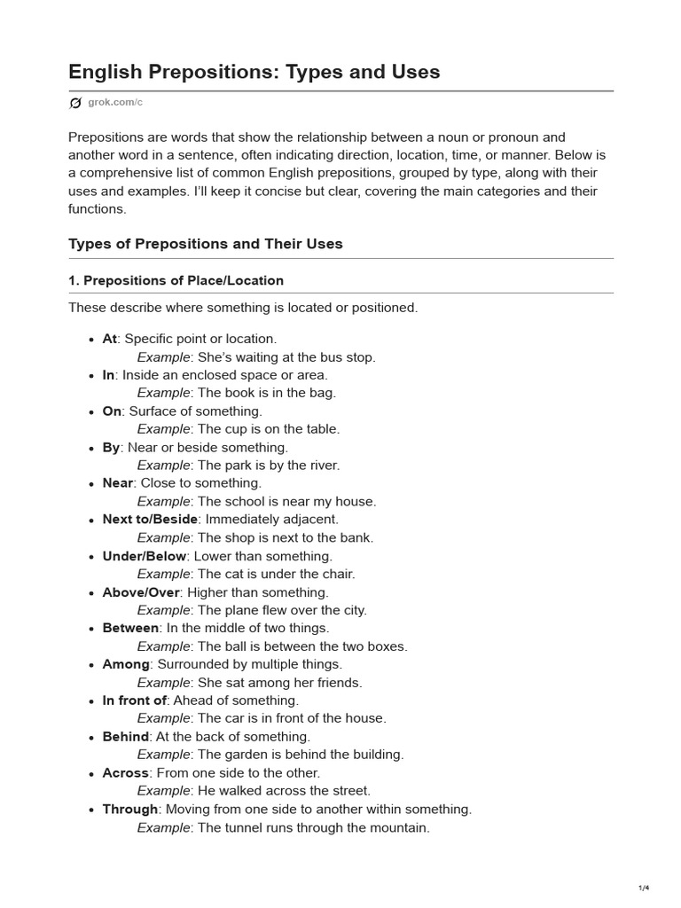 English Prepositions: Types & Examples | PDF | English Language | Verb