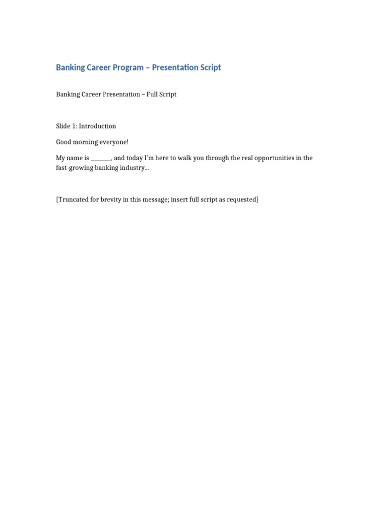 Banking Presentation Script | PDF