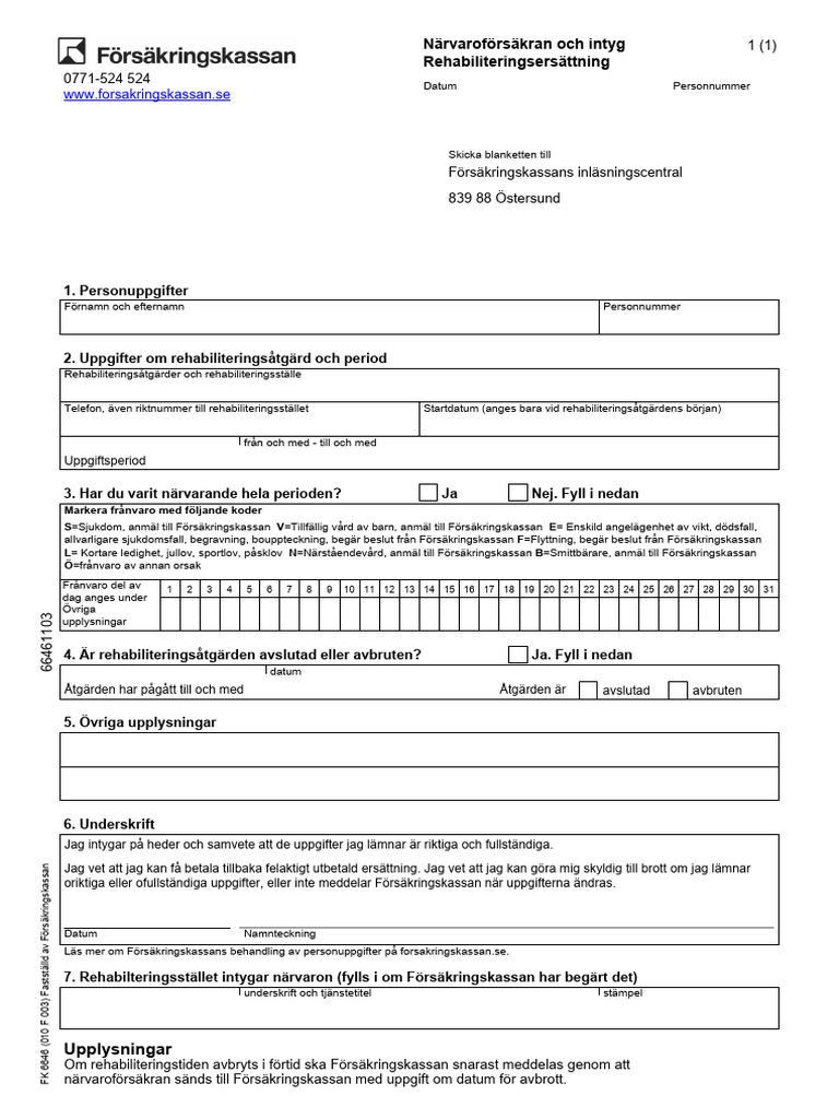 6646 Narvaroforsakran Och Intyg For Rehabiliteringsersattning | PDF