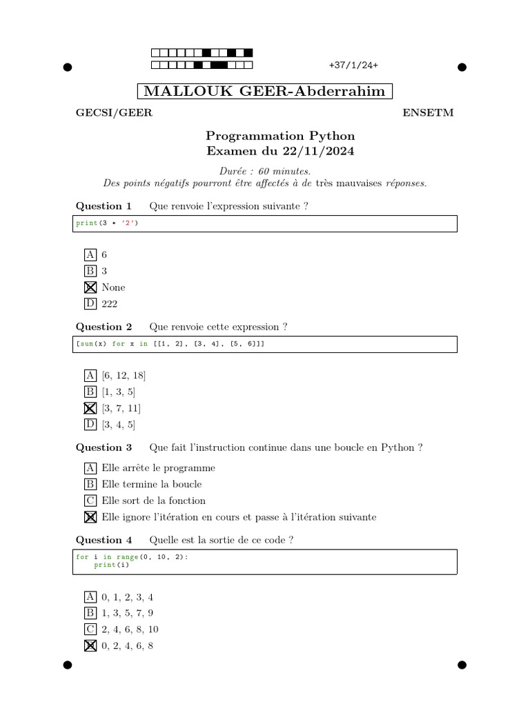 Examen de Programmation Python 2024 | PDF | Structure de contrôle ...