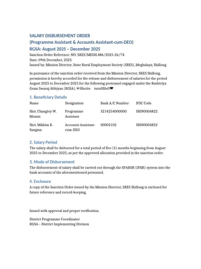 Salary Disbursement Order for RGSA Staff | PDF