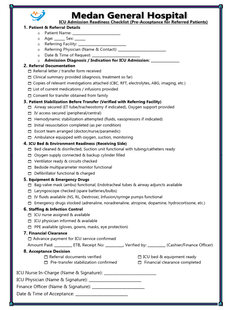 ICU Admission Readiness Checklist | PDF | Intensive Care Unit ...